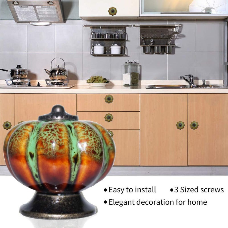 IEIK Ceramic Glazed Cabinet Knobs Pumpkin Shape Classy Vintage Decorative Knobs Cabinet Closet Drawers Dresser Pull Handle 6 Pack (Green) - Image 3